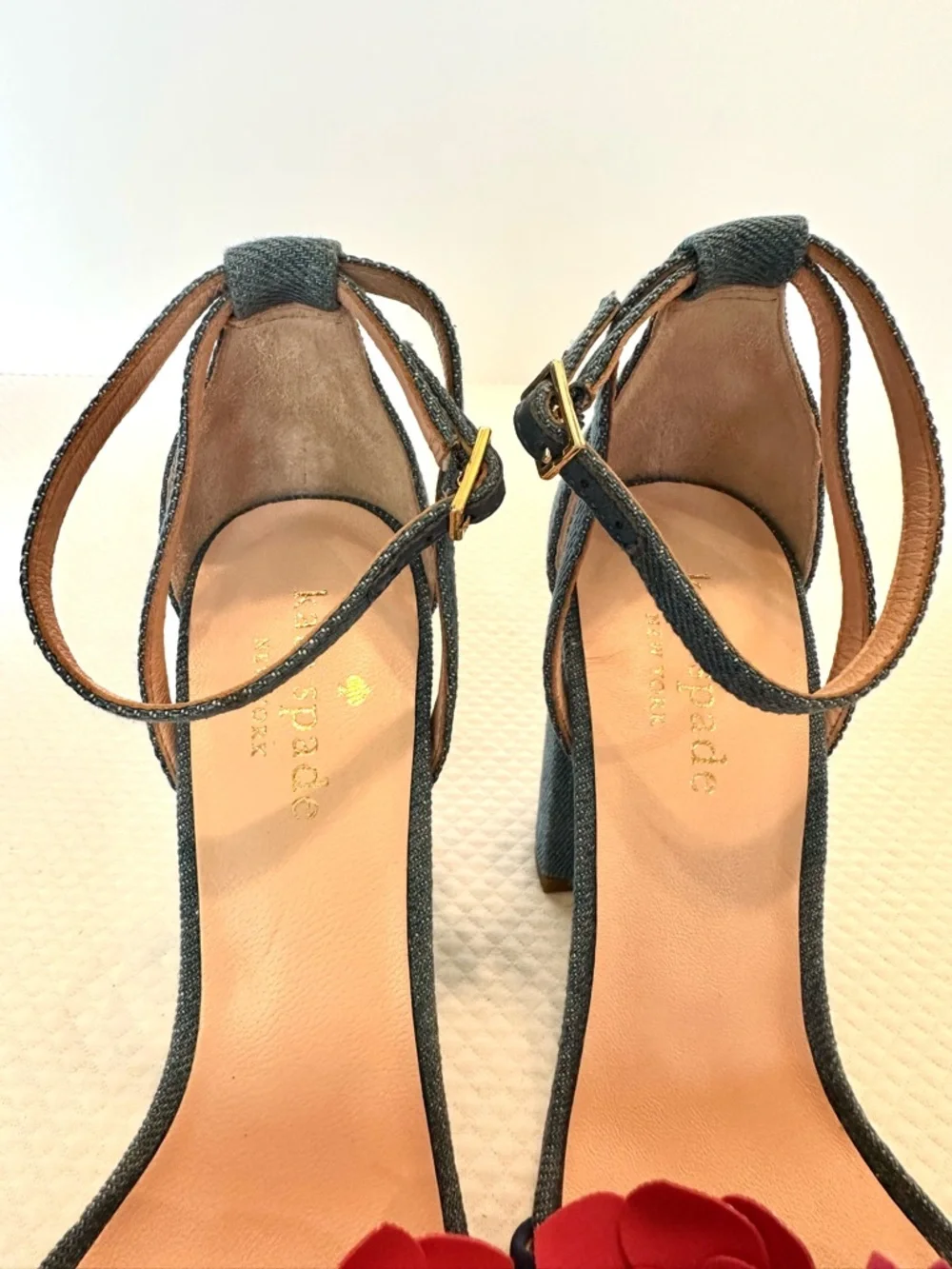 Kate Spade NY RARE Blue Denim Block Heel Sandals with Floral Appliqué Festive - Picture 9 of 10